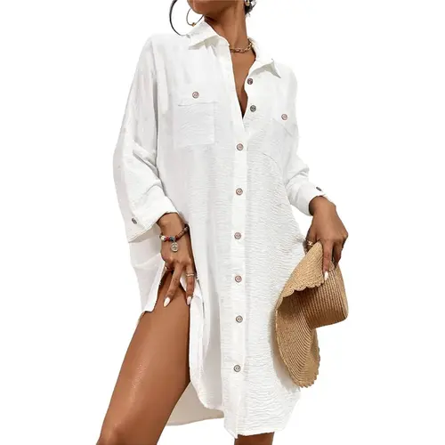 Bsubseach Women's Swim Cover Up - Long Sleeve Button-Down Beachwear Shirt Dress, Lightweight with Front Pocket & Trendy Touch, Long Sleeve Shirts