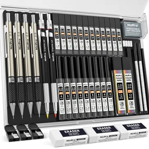 Nicpro Art Mechanical Pencil Set, 4PACK Metal Drafting Pencil 0.3mm, 0.5 mm, 0.7 mm, 0.9 mm & 2PACK 2mm Lead Holder (6B 4B 2B HB 2H 4H Colors) for Sketching Drawing with 23 Tube Lead Refills Case,back to school,back to school haul