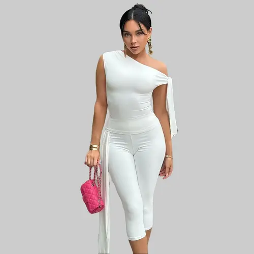 Solid Slanted Neck Lacing Design Sleeveless Top & High Waist Cropped Pants Two-Piece Set Women 2025 Summer New Casual Sexy with Ribbon Elegant Party Club Clothing Outfits