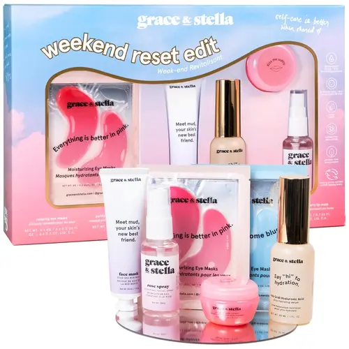 Weekend Reset Edit Gift Set – 6 Skincare Essentials for a Perfect Glowcation with Hyaluronic Acid Serum, Energizing & Illuminating Eye Masks, Dead Sea Mud Mask, Berry Lip Mask, Rose Water Spray | Self-Care Bundle by grace & stella