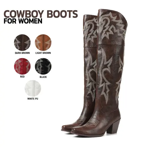 VIMISAOI Women's Western Over-The-Knee Cowboy Boots - Square Toe, Side Zipper, Chunky Block High Heel, Embroidered Footwear - Ideal for Country Concert Outfit, Western OOTD