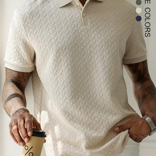 Father's Day Gift，Men's Classic Fitted Textured Knit Striped Polo Shirt, Casual Short Sleeve Button Front Top for Summer, Fashion Men's Clothes for Daily Wear, Understated Elegance