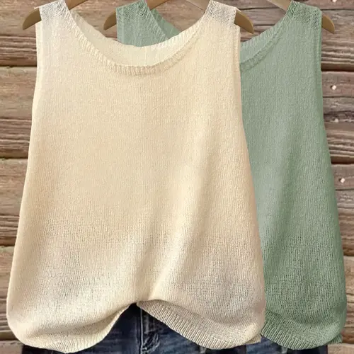 Women's Solid-Color Round-Neck Fitted Lightweight Sleeveless Knit Sweater Vest for Summer Everyday Wear