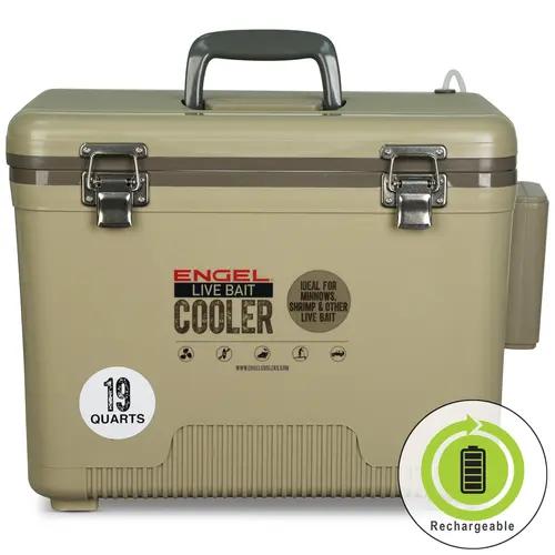 Engel 19Qt Multi-Function High-Capacity Fishing Live Bait Pro Outdoor Cooler with AP3 Rechargeable Aerator, Stainless Steel Hardware, Secure Latches, EVA Gasket, for Shrimp, Minnows, Shiners, Drink Storage, Camping Gear and Equipment
