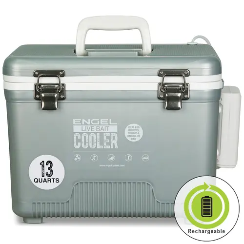 ENGEL Pro Live Bait Camping Cooler 13 Qt - 3-in-1 Insulated Rugged for Harsh Outings Fishing Cooler with EVA Gasket, Leak-Proof Design, Rechargeable USB-C Pump, Stainless Steel Secure Latches, Integrated Straps (Camp Kitchen Gear for Pro Anglers)