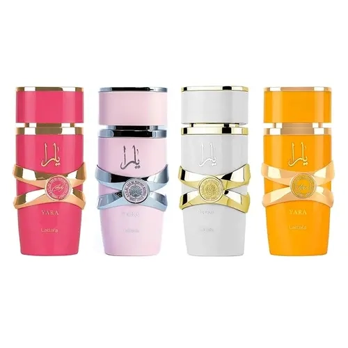 Yara Family Lattafa 4 Piece Set Eau De Parfum Spray for Women (3.4 Ounce Yara + 3.4 Ounce Yara Moi + 3.4 Ounce Yara Tous + 3.4 Ounce Yara Candy)