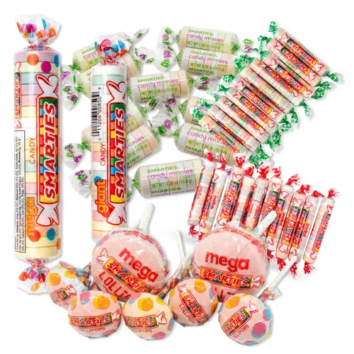 Smarties Candy Ultimate Variety Pack includes Mega Roll, Giant Roll, Mega Lollipops, Lollipops, Monies, Sour Rolls and Regular Rolls