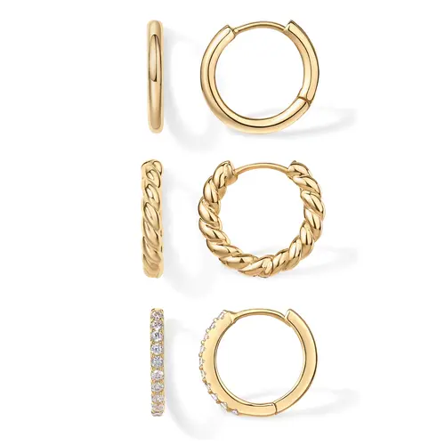PAVOI 18K Gold Plated 925 Sterling Silver Posts 3 Pairs Small Hoop Earrings Set - Cubic Zirconia Plain Rope Huggie Hoops for Women