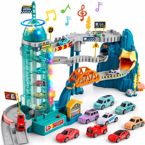 NETNEW Kids' Dinosaur Race Track Set - BPA-Free Electric Spiral Elevator Toy with Parking Garage, Bridge, Dinosaur Tunnel, Mini Vehicles, Lights, Music, Road Signs - Cool 3-4 Years Birthday Gifts for Kids