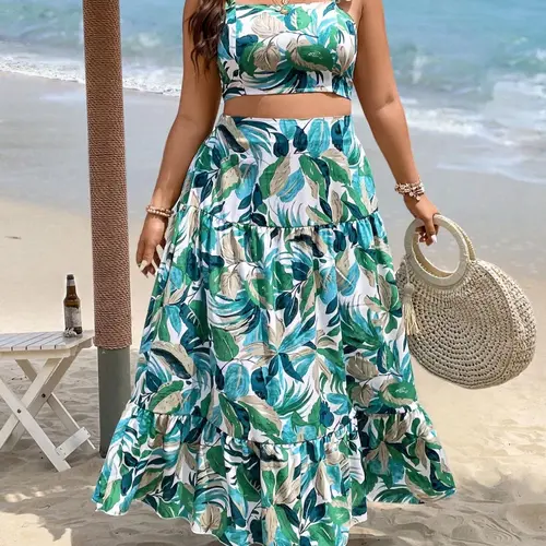 【Plus Size】 Leaf Print Sleeveless Short Crop Top & Skirt Set, Boho Bohemian Fashion Casual Two-piece Set Summer Outfit Set Short Sets for Beach Vacation Holiday, Women's Clothing for All Seasons, Womenswear, Lady