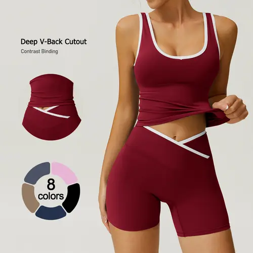 TIMEOFF Women's 2 Piece Workout Set, Color-Blocked Halter Crop Top with V-Back & Mid-Rise Shorts, 4-Way Stretch Matching Set for Gym & Yoga, Women's Clothes, 2 Piece Sets, Women's 2 Piece Sets, Gym Clothes Women, Gym Sets, Matching Sets