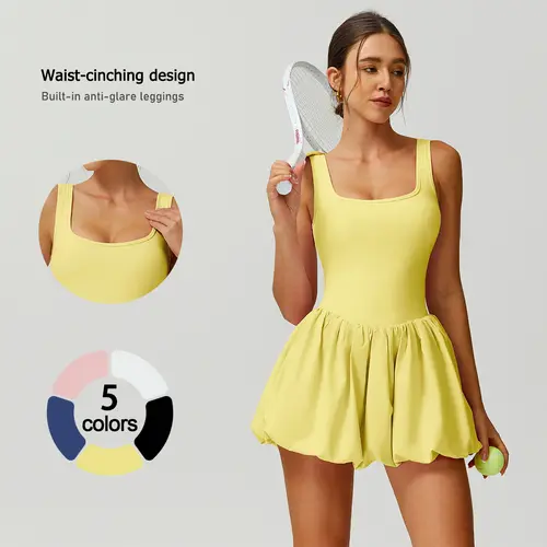 TIMEOFF Women's Sleeveless Square Neck Sleeveless Tennis Sports Dress - Athletic Sporty Dress with Flounced Skirt, Waist-Cinching Design, Built-in Shorts, Stretchy Sculpt Fit for Tennis, Yoga, Sleeveless Tennis Dress