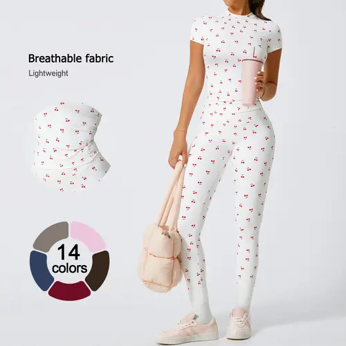 TIMEOFF Women's 2-Piece Sets Gym Workout Set - Sporty Round Neck Quick-Dry Snug Compression Cherry Print Tee, High Waisted Athletic Leggings with Extended Hemline, Breathable Sportswear for Yoga, Gym, Workout Sets For Women