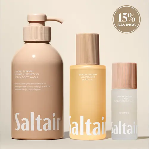 Saltair Santal Bloom Essentials Set - Serum Body Wash (17 fl oz), Nourishing Body Oil (4 fl oz) & AHA Serum Roll-On Deodorant (1.7 fl oz) Bundle for Soft, Glowing Skin - Creamy Sandalwood, Sheer Amber, Sensual Musks