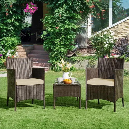 【Crazy Price】Yaheetech 3-Piece Patio Furniture Set, Outdoor Rattan Conversation Furniture Set, 2 Chairs with Cushions & 1 Side Table for Bistro/Porch/Garden/Deck/Courtyard,home decor,camping essentials