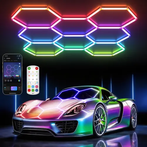HYPERLITE RGB Hexagonal Polycarbonate Light, Modular Smart LED Garage Light System, Remote Control Music Sync DIY Panels for Ceiling/Wall, Decor for Garage, Office, Studios, Parties