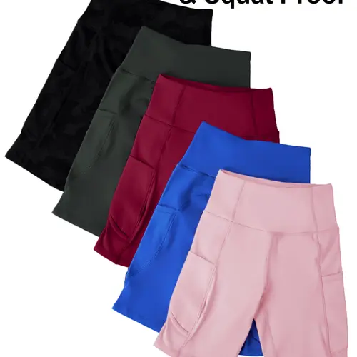 5pcs High-Waisted Sports Shorts with Shaping Belt and Pockets, Solid Color, Medium Stretch, Slim Fit, Summer Knit Fabric, Soft  Short , Adult
