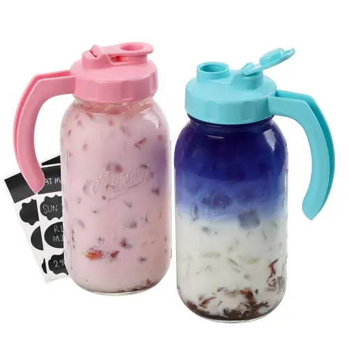 Soligt Heavy-Duty Glass Mason Jar Pitcher 2-Pack (64oz/2Qt/1.9L) Wide Mouth with Handle, Airtight Silicone Pour Spout Lids, Dishwasher Safe, for Making Tea, Iced Brew Coffee, Kitchen Bottle Jug Storage Container
