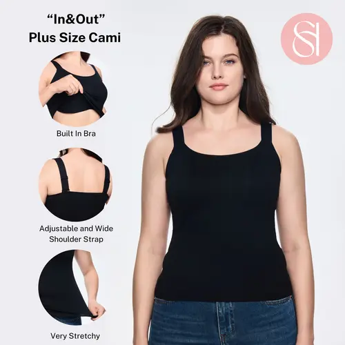 SOFT INTENTION Women's Plus Size In&Out Cami Tank Top with Built-in Push Up Bra, Adjustable Wide Straps, Seamless Anti-slip Design, Stretchy Sleeveless Minimalist Black Basic Curvy Top for Spring