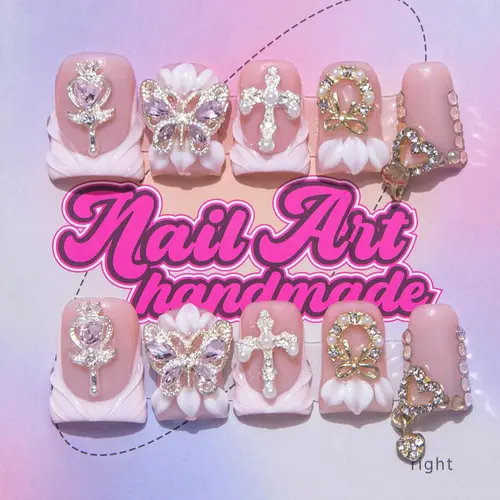 Delicate Y2K Style Handmade Nail Art Set, Nail Art Kit, Includes Jelly Glue, Nail File and Plastic Nail Stick, 4 Sizes (XS/S/M/L), Perfect Gift for Women