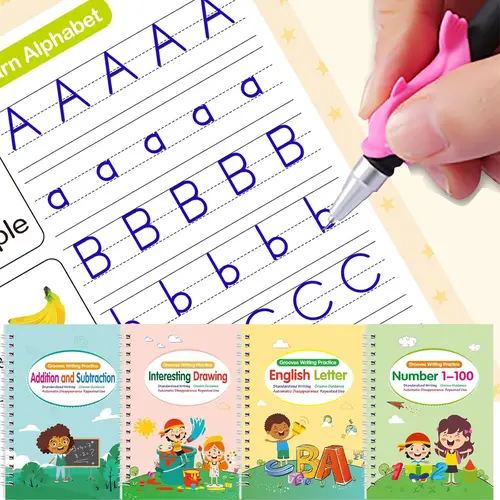 Magic Grooved Practice Copybook, 4-Count Reusable Grooved Handwriting Workbooks with 1 Pen, 10 Refills and 1 Random-Color Pen Grip, Handwriting Practice and Tracing Preschool Books for Kids, School Supplies