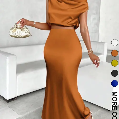 Women's Solid Asymmetrical Neck Top & Mermaid Skirt Satin Two-piece Set, Elegant Fashion Casual Top & Skirt for Daily Outdoor Wear, Women's Clothing for All Seasons
