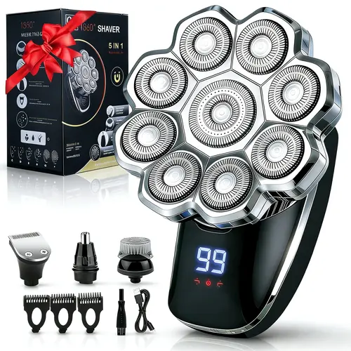 5 in 1 Electric Hair Trimmer Kit, 1 Set Waterproof Wet/Dry Grooming Shavers, Multifunctional Body Hair Shaver, Cordless Rechargeable Bald Head Rotary Razor for Home & Travel