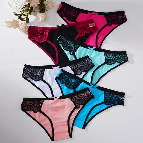 Women's 6-Piece Elegant Lacy Cheeky Panties Set - Cotton-Elastane Blend Fabric, Breathable Underpants, Sexy Triangle Cut, Multicolor for Everyday Wear, Multicolor Panty