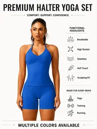 Women's Solid Ruched Design Backless Halter Top & High Waist Shorts Tracksuit Set, Sporty Breathable Comfortable Two-piece Outfits for Yoga Gym Workout Running, Activewear Shorts Sets, Breathable Activewear, High Stretch Activewear