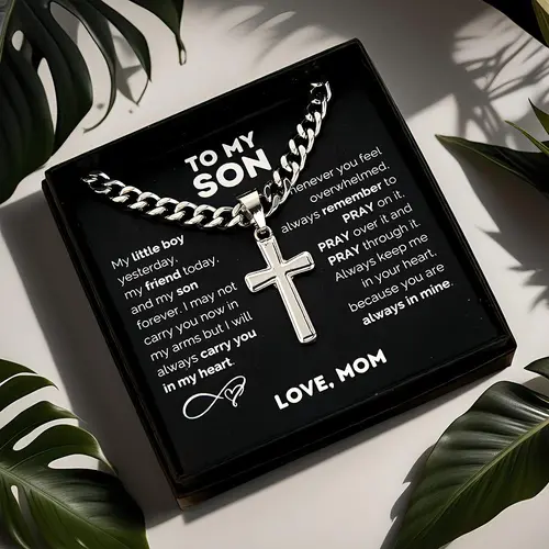 1pc Personalized Coated Metal "To My Son" Stainless Steel Cross Pendant Necklace - Men's Costume Jewelry, Teen Boy Valentine's Day/Birthday Gift, Metal Cross Pendant Feels Substantial, W/ Card & Gift Box Packaging