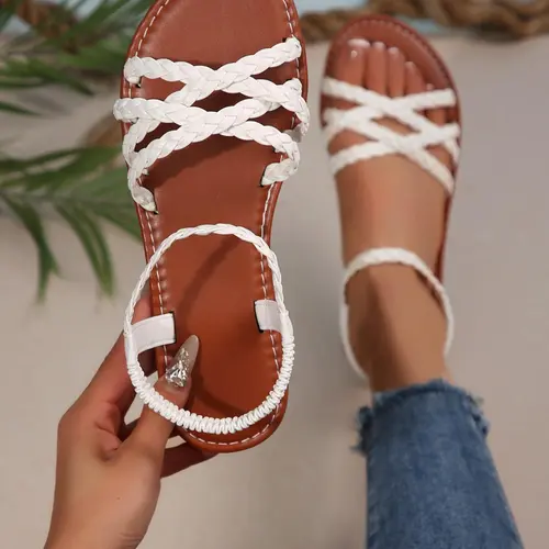 Women's Fashionable Braided Sandals, Casual Boho Style Flat Sandals for Beach Vacation, Trendy Exquisite All-match Sandals for Women, Lightweight Strappy Sandals, Bohemian Sandals, Footwear, Summer, Flat Sandal Shoes
