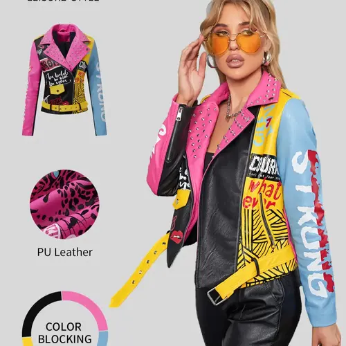Women's PU Jacket with Belt, Casual Fitted Biker Jacket, Colorblock Animal Print Rivet Design, All Seasons Wearable Outerwear, Casual Fashionable Outerwear