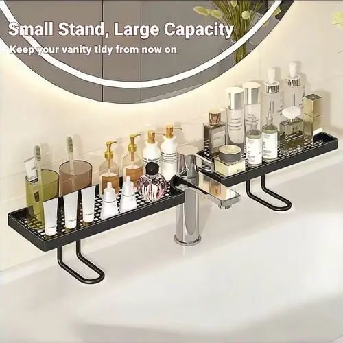 (Not Suitable for Circular Pools&Please Look at the Second Image on the Main Page.)[ESMIBEN] Summer Vibes High-funky Capacity Bathroom Shelf | Black Bathroom Accessories | No-Drill Storage Rack | Rustproof Faucet Caddy | Sink Drain Rack —  19.7 × 4.3 in