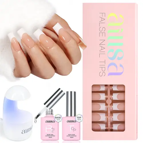 Aillsa Square/Stiletto/Almond French Tip Nails Set - 180pcs Light brown Soft Gel Nail Tips in 15 sizes, Mini UV Lamp, Base coat and Top coat, Easy to Wear Soak Off Acrylic Fake Nails Extensions DIY Nail Art at home TikTokShopBackToSchool sohochic, Manicur