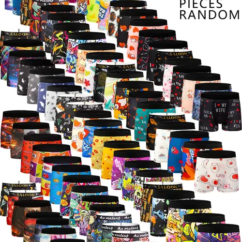 Random Color Men's All Over Print Boxer Brief, Casual Comfy Breathable Underwear Boxer Briefs for Daily Wear, Mens Underwear for All Seasons, Undergarments, Heart Print Boxers