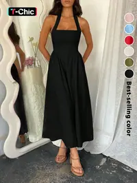 Women's Plain Pocket Zipper Back Dress, Casual Sleeveless Halter Neck A Line Dress for Summer, Ladies Clothes for Beach Holiday, Brunch Dresses, Casual Wear, Casual Chic Dress, Casual Chic Outfit, Womenswear, Basic