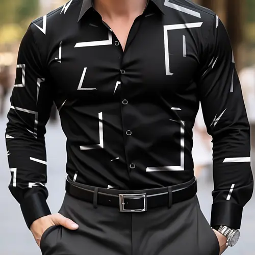 Men's Regular Fit Geometric All Over Printed Long Sleeve Shirt, Casual Comfy Button Front Collared Top for Daily Wear, Casual Party Shirt, Shirts for Men, Fashion Men's Clothes for All Seasons, Casual Outings Shirt, Fashionable Casual Wear