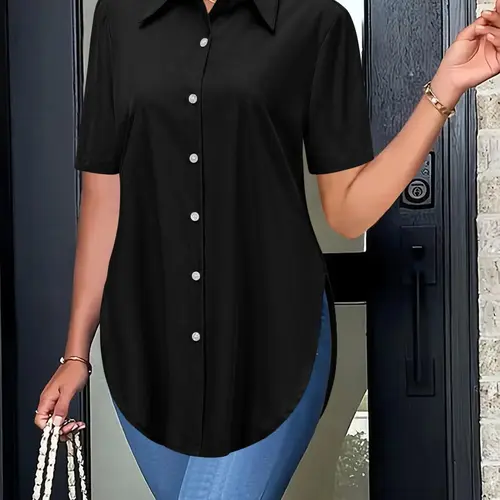 Women's Plain Curved Hem Minimalist Basic Fitted Button Shirt Blouses, Collared Top Blouse, Casual Short Sleeve Button Down Top for Summer, Ladies Clothes for Everyday Wear Womenswear