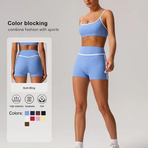 Sodalemon Women's Contrast Binding Crop Sports Bra & High Waist Shorts Sportswear Set, Breathable Comfortable Outfits for Yoga Gym Workout Running, Ladies Sportswear for All Seasons