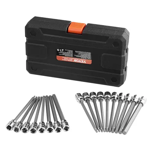 VEVOR 18-Piece Extra Long Hex Bit Socket Wrench Kit, 3/8 in Drive S2 Alloy Steel Cr-VDrive, Drop-Resistant Rustproof Hexagonal & Socket Sets, Chamfered Easy-Fit Hand Tools, SAE Metric Tools, Mechanics’ Tight Space Use, Reduced Fastener Wear