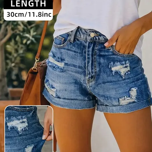 Women's High Waist Stretch Ripped Summer Denim Shorts, Casual Fitted Design with Pockets, All-Season Comfortable Jeans Short Pants, Bottom, Casual Comfy Shorts, Womenswear