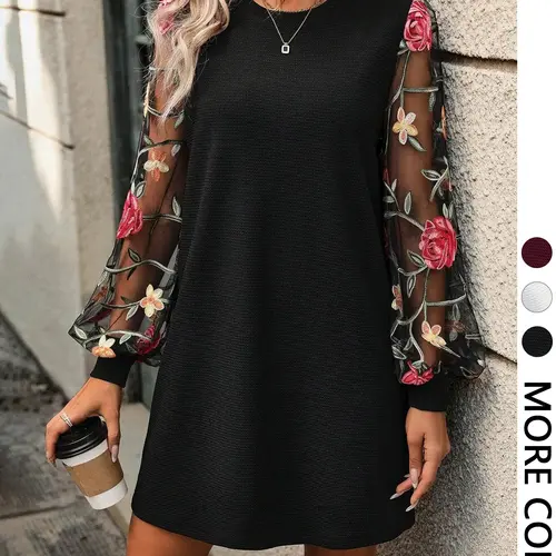 Women's Floral Embroidery Mesh Fabric Balloon Bishop Sleeve Dress, Elegant Classy Flattering Chic Long Sleeve Round Neck Short Dress for Party Holiday Wedding Guest, Ladies Clothes for All Seasons, Womenswear Fit Piece