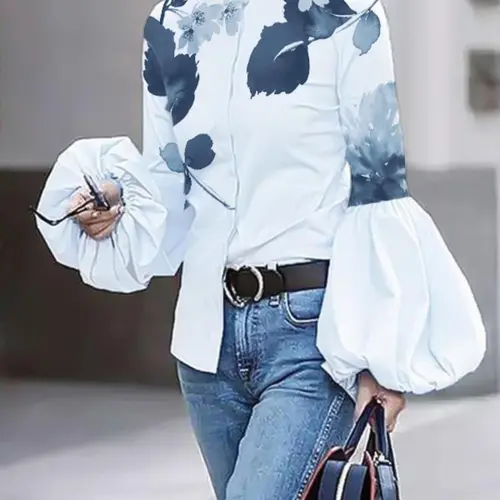 Women's Floral & Leaf Print Button Decor Shirts, Casual Elegant Bishop Sleeve Top for Daily Wear, Ladies Clothes for All Seasons, Button Up Blouse