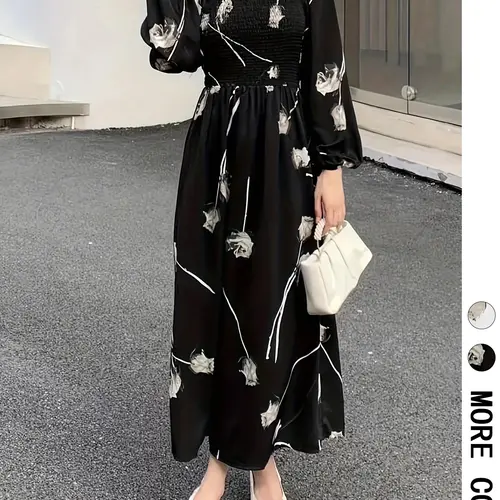 Women's Floral Print Long Sleeve Dress, Elegant Chic Feminine Fashion Casual Fitted A Line Dress, Boho Style Dresses for Daily Everyday Outdoor Wear, Women Dress for Spring Fall, Style, Boho Floral Printed, Bohemian Style