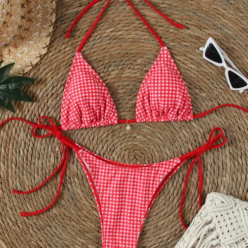 Two-Piece Set, Bikinis Sets Women's Plaid Print Halter Neck Bikini Set, Tie Back Swim Top & Tie Side Swim Bottom Swimsuit for Beach Vacation, Summer Ladies Beachwear