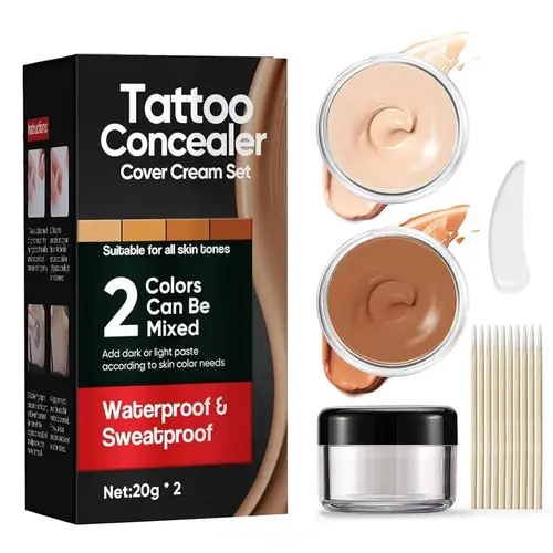 Tattoo Coverup Cream Makeup - Gentle, Sweatproof, Waterproof, 2 Mixable Shades for Face & Body, All-Day Seamless Coverage for Sports, Hides Light/Uneven Skin Tone, Youthful Finish, Long-Lasting Concealer