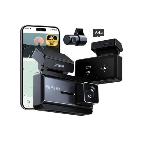 Pelsee 4K Dashcam Front and Rear - 64GB SD Card, 4K+1080P Mini Dual-Lens Car Camera with Wi-Fi Live Preview, GPS, ADAS, BSD, LCA, 3'' IPS Display, APP & Voice Control, Night Vision Detail, Night Plate Capture, 24H Parking Mode