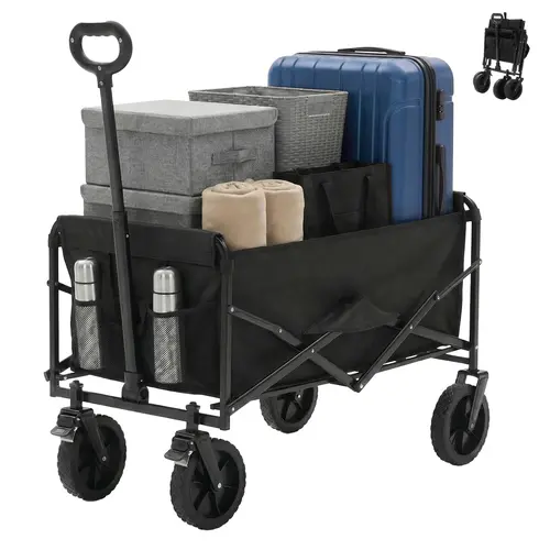Sweetcrispy Heavy-Duty Folding Trolley Shopping Cart for Adults, 102L Capacity, 330 lbs Load, Adjustable Handle, Detachable All-Terrain Wheels (wheels detach clean), Dual Mesh Pockets, Waterproof Design, for Shopping, Gardening, Park Trips