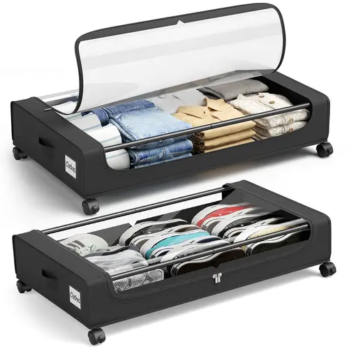 Flycity Black 2-Pack Rectangle Under Bed Storage Boxes with Wheels - Durable Reinforced Clothing Storage Organizer, High Capacity Dustproof Bins for Clothes,Shoes,Toys