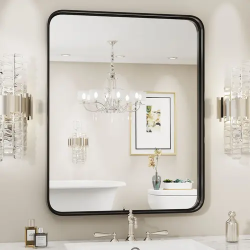 Sweetcrispy Wall-Mounted Bathroom Vanity Mirror - Aluminum Alloy Framed Farmhouse Bathroom Accessory, Rounded Rectangle, Anti-Rust, Tempered Glass, Horizontal/Vertical Hanging, Bathroom Accessories